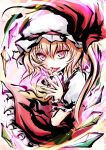  1girl blonde_hair crystal flandre_scarlet frilled_skirt frilled_sleeves frills hair_between_eyes hat hat_ribbon highres ink_wash_painting long_hair looking_at_viewer mob_cap multicolored_wings one-hour_drawing_challenge one_side_up puffy_short_sleeves puffy_sleeves red_eyes red_ribbon red_skirt red_vest ribbon ribbon-trimmed_headwear ribbon_trim saliva shirt short_sleeves skirt skirt_set solo sumi-e tongue tongue_out touhou uranfu vest white_headwear white_shirt wings wrist_cuffs 