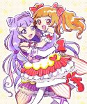  2girls :d aisaki_emiru blunt_bangs bow brown_hair commentary_request cone_hair_bun dress hair_bow hair_bun hairband hoppetoonaka3 hug hugtto!_precure jewelry layered_dress long_hair low_twintails magical_girl multiple_girls open_mouth precure purple_bow purple_eyes purple_hair red_bow red_eyes ruru_amour smile twintails 