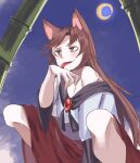  1girl animal_ears bamboo brown_eyes brown_hair commentary crescent_moon dress fingernails highres imaizumi_kagerou kanaria_(bocmn) long_fingernails long_hair looking_at_viewer moon night one-hour_drawing_challenge red_dress single_bare_shoulder solo squatting tail tongue tongue_out touhou two-tone_dress white_dress wolf_ears wolf_girl wolf_tail 