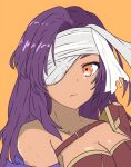  1girl bandage_over_one_eye bare_shoulders breasts cleavage closed_mouth facing_to_the_side fire_emblem fire_emblem:_new_mystery_of_the_emblem highres large_breasts long_hair looking_at_viewer malice_(fire_emblem) orange_background purple_hair solo tavi_(hosheezus) upper_body 