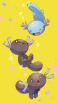  :d :o ^_^ absurdres air_bubble artist_name black_eyes blush bright_pupils bubble closed_eyes commentary_request highres looking_at_another looking_at_viewer no_humans nullma o_o open_mouth paldean_wooper pokemon pokemon_(creature) signature simple_background smile swimming tongue white_pupils wooper yellow_background 