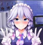  1girl annoyed blue_eyes blue_vest blush braid clenched_teeth closed_mouth collared_shirt commentary_request condom cum cum_on_clothes double_v gloves grey_hair highres izayoi_sakuya looking_to_the_side maid_headdress monaka_(gatinemiku) saliva shirt short_hair sweat teeth toilet touhou twin_braids used_condom v v-shaped_eyebrows vest video_camera viewfinder white_gloves white_shirt 