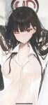  1girl :t absurdres arms_up black_hair blue_archive blush breasts buttons cleavage collarbone halo hands_in_own_hair highres hime_cut kuren_kren large_breasts long_hair one_eye_closed red_eyes rio_(blue_archive) see-through see-through_shirt shirt very_long_hair white_shirt 