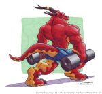  2006 anthro big_abs big_biceps big_muscles big_pecs big_quads biped blue_bottomwear blue_clothing blue_shorts bottomwear clothing cooner dragon dumbbell english_text exercise furgonomic_bottomwear graphite_(artwork) long_tail looking_back male marker_(artwork) muscular muscular_anthro muscular_male pecs pencil_(artwork) rear_view red_body red_scales scales shorts solo tail text toony traditional_media_(artwork) unknown_character url walking weightlifting weights workout 