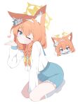  1girl absurdres animal_ears blue_archive blue_eyes fox_ears hagoonha halo highres looking_at_viewer mari_(blue_archive) orange_hair simple_background solo thighs white_background 
