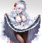  1girl animal_ears arknights bear_ears blush breasts cleavage_cutout clothes_lift clothing_cutout curly_hair dress dress_lift fatkewell heterochromia highres huge_breasts long_hair maid_day necktie panties pantyshot rosa_(arknights) simple_background smile solo thighhighs underwear very_long_hair white_background white_hair 