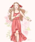  1girl aerith_gainsborough bangle belt bracelet brown_hair closed_eyes commentary_request crisis_core_final_fantasy_vii dress final_fantasy final_fantasy_vii final_fantasy_vii_remake flower hair_ribbon highres jewelry light_blush long_dress long_hair nail_polish omochi_odango open_mouth parted_bangs red_dress ribbon sidelocks simple_background smile solo teeth upper_teeth_only 