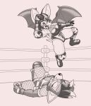  2023 anthro bat boots breasts canid canine canis clothing dcheese digital_media_(artwork) duo elbow_drop elbow_pads eyes_closed fangs female fighting_ring fingerless_gloves fishnet footwear gloves handwear hi_res knee_pads leotard lucha_libre_mask lying mammal mask monochrome open_mouth pockets rouge_the_bat sega sonic_the_hedgehog_(series) sports_mask sportswear teeth wings wolf wrestling wrestling_mask 