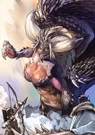  absurdres arrow_(projectile) bow_(weapon) breasts cape claws colored_skin glowing glowing_eyes greatsword highres holding holding_bow_(weapon) holding_weapon horns large_breasts looking_at_another miao_jiangyou midriff monster_hunter:_world monster_hunter_(series) multicolored_skin nergigante open_mouth personification ponytail scales sharp_teeth smoke spines sweatdrop sword teeth tongue weapon wings yellow_eyes 