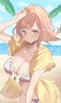  1girl beach bikini blurry blurry_background blush breasts cleavage collarbone halterneck highres hiiragiragnarok idolmaster idolmaster_shiny_colors large_breasts light_brown_hair looking_at_viewer outdoors plaid plaid_bikini sakuragi_mano shirt solo sweatdrop swimsuit yellow_shirt 