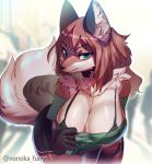  anthro big_breasts black_ears bottomwear bra bra_strap breasts brown_body brown_hair canid canine canis cecily_(cecily_lin) cleavage clothed clothing deep_cleavage eyelashes female fluffy fluffy_ears fluffy_tail fur green_eyes hair hi_res hotpants inner_ear_fluff mammal neck_tuft nonoka917 pulling_shirt seductive shorts shoulderless_shirt snout solo tail tuft underwear white_body white_fur wolf 