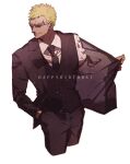  1boy black_jacket black_necktie black_pants black_vest blonde_hair closed_mouth cropped_legs donquixote_doflamingo hand_in_pocket happy_birthday jacket male_focus mature_male mirin_(coene65) necktie one_piece pants red-tinted_eyewear shirt short_hair simple_background solo striped striped_shirt tinted_eyewear vest white-framed_eyewear white_background 