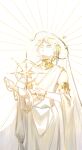  1boy absurdres armlet arms_up blonde_hair chinese_commentary choker circle_of_inevitability closed_eyes commentary_request eternal_blazing_sun halo highres light light_rays lord_of_the_mysteries outstretched_arms qingguomdashmochamdashcattouxiangkong robe short_hair solo spread_arms sun_symbol sunbeam sunlight tiara white_background white_robe yellow_choker 