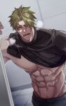 1boy abs achilles_(fate) bara black_pants black_shirt dutch_angle fate/apocrypha fate_(series) green_hair haruakira heavy_breathing highres indoors looking_ahead male_focus muscular muscular_male open_mouth orange_eyes pants ribbed_shirt shirt shirt_partially_removed solo teeth undercut 