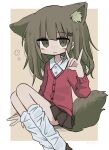  1girl animal_ear_fluff animal_ears border brown_eyes brown_hair brown_skirt buttons cardigan cat_hair_ornament closed_mouth collared_shirt feet_out_of_frame fox_ears fox_girl fox_shadow_puppet fox_tail hair_ornament hand_up highres kanikan kneehighs long_hair long_sleeves looking_at_viewer loose_socks miniskirt original outside_border pleated_skirt red_cardigan shirt simple_background sitting skirt socks solo tail white_border white_shirt white_socks 