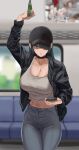  1girl abs baseball_cap blurry blurry_background breasts cellphone choker cleavage couch denim hair_over_one_eye hat highres jacket jeans large_breasts looking_at_viewer midriff open_clothes open_jacket original pants phone purple_eyes smartphone solo soolee040995 tank_top toned train 