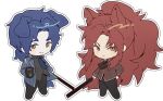  1boy 1girl animal_ears ascot black_pants blue_ascot blue_coat blush chesed_(project_moon) chibi closed_mouth coat cup dog_ears dog_tail gebura_(project_moon) heterochromia holding holding_cup holding_sword holding_weapon library_of_ruina long_hair looking_at_viewer mug munjiduck pants project_moon red_ascot red_coat red_hair sidelocks simple_background smile sword tail very_long_hair weapon white_background wolf_ears wolf_tail 