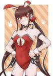  1girl animal_ears armlet black_panties blunt_bangs blush breasts brown_hair clenched_hand cowboy_shot danganronpa_(series) danganronpa_v3:_killing_harmony earrings fake_animal_ears frown groin hair_ornament hair_scrunchie hands_on_own_hips harukawa_maki highleg highleg_panties highres jewelry kirin_(suzoke_1) leotard long_hair low_twintails medium_breasts mole mole_under_eye multicolored_leotard panties rabbit_ears red_eyes red_leotard red_scrunchie scrunchie side-tie_panties solo striped striped_background twintails underwear wavy_mouth wrist_cuffs 