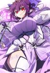  1girl absurdres breasts detached_sleeves dress fate/grand_order fate_(series) fur_trim hair_between_eyes hair_ribbon highres large_breasts long_hair looking_at_viewer pelvic_curtain ponytail purple_dress purple_hair purple_ribbon red_eyes ribbon scathach_(fate) scathach_skadi_(fate) scathach_skadi_(third_ascension)_(fate) smile solo thighhighs thighs tiara toyosu wand white_thighhighs 