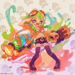  1girl black_footwear black_shorts boots goggles goggles_on_head green_eyes green_hair gumi gun heavy_splatling_(splatoon) holding holding_gun holding_weapon kianamosser long_hair navel open_mouth patterned_background short_shorts shorts sidelocks solo splatoon_(series) thigh_boots vocaloid weapon 
