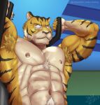  abs anthro armpit_hair beastars biceps body_hair brown_eyes chest_tuft claws erect_nipples exercise eyewear felid feline fur glasses hi_res jabuhusky male mammal muscular muscular_anthro muscular_male nipples pantherine pecs principal_gon_(beastars) pupils shirtless shirtless_male simple_background small_pupils solo striped_body stripes tan_body tan_fur tiger tuft tufted_fur whiskers workout yellow_body 