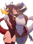  2girls ahoge arm_tattoo bare_shoulders black_dragon_girl_(distr) black_hair blush breasts closed_mouth collar commentary dark-skinned_female dark_skin distr dragon_girl dragon_horns dragon_tail elbow_gloves facial_tattoo gloves hair_between_eyes hand_on_another&#039;s_hip hand_on_another&#039;s_shoulder hand_on_own_neck highres horns kiss large_breasts leotard lock multicolored_hair multiple_girls orange_hair original padlock padlocked_collar platinum_dragon_girl_(distr) red_leotard red_tail short_hair simple_background tail tattoo thighhighs two-tone_hair white_background white_gloves white_leotard white_tail white_thighhighs yuri 