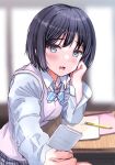  1girl black_hair blue_bow blurry blurry_background blush bow bowtie collared_shirt day desk diagonal-striped_bow diagonal-striped_bowtie elbow_rest expressionless fang fushimi_asuha giving grey_eyes hand_up head_on_hand head_rest highres holding indoors long_sleeves looking_at_viewer note notebook open_mouth original outstretched_arm partially_unbuttoned pen pink_vest pov school_desk school_uniform shirt short_hair skin_fang solo striped striped_bow striped_bowtie upper_body vest white_shirt 