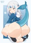  absurd_res balls big_butt blue_eyes blush bottomless butt clothed clothing deviltokyo disembodied_penis duo female fish gawr_gura genitals hair hi_res hololive humanoid kemono long_hair male male/female marine moan penis shark shark_tail sharp_teeth teeth thick_thighs virtual_youtuber white_hair 