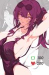  1girl arm_up armpits breasts commentary dress english_commentary eyewear_on_head from_side glitter_dress highres honkai:_star_rail honkai_(series) kafka_(honkai:_star_rail) kili_kilio large_breasts long_hair looking_at_viewer looking_to_the_side meme open_mouth purple_dress purple_eyes purple_hair sideboob sidelocks smile solo sunglasses twitter_strip_game_(meme) upper_body zoom_layer 