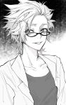  1boy collarbone eyebrows_hidden_by_hair glasses greyscale grin highres jacket kanou_aogu looking_at_viewer male_focus monochrome open_clothes open_jacket ph-ping portrait round_eyewear saibou_shinkyoku shirt short_hair sketch smile solo 