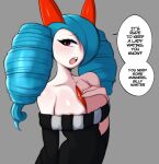  absurd_res blue_hair breasts cleavage clothed clothing dialogue english_text female generation_3_pokemon hair hi_res kirlia nintendo pokemon pokemon_(species) saltyxodium solo text 