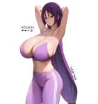  1girl armpits arms_behind_head arms_up artist_name blush breasts collarbone fate/grand_order fate_(series) feikyart highres huge_breasts long_hair looking_at_viewer minamoto_no_raikou_(fate) navel pants parted_bangs purple_eyes purple_hair smile solo sports_bra very_long_hair white_background yoga_pants 