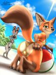  absurd_res anthro balls beach bikini bulge butt canid canine canis clothed clothing crossdressing disney duo fox fur genitals girly hi_res link6432 male mammal nick_wilde red_fox seaside solo swimwear thick_thighs zootopia 
