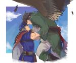  2boys arm_grab bara black_hair brown_hair brown_wings couple cropped_torso eye_contact feather_necklace feathered_wings fire_emblem fire_emblem:_path_of_radiance flying hand_on_another&#039;s_waist headband highres ike_(fire_emblem) interracial jewelry kamabokozin large_pectorals looking_at_another male_focus mature_male multiple_boys muscular muscular_male necklace pectorals pointy_ears short_hair smile spread_wings tibarn_(fire_emblem) wings yaoi yellow_eyes 