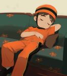  1boy acnhiti black_footwear brown_pillow child closed_eyes commentary couch indoors male_focus on_couch orange_headwear orange_pants orange_shirt original pants shirt sleeping solo symbol-only_commentary white_background 