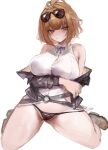  1girl bare_shoulders blush breasts brown_hair commission dokuro_deluxe girls&#039;_frontline grizzly_mkv_(girls&#039;_frontline) highres large_breasts looking_at_viewer partially_undressed purple_eyes sagging_breasts second-party_source solo sunglasses 