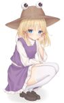  absurdres blonde_hair blue_eyes blush breasts dress gaden19 hair_ornament hair_ribbon hand_on_own_face hat highres looking_at_viewer moriya_suwako parted_bangs ribbon shoes sidelocks simple_background small_breasts solo squatting thighhighs touhou white_background 