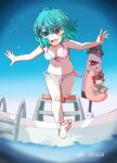  1girl :d absurdres artist_name bikini blue_bikini blue_eyes blue_hair blurry breasts cleavage commentary_request commission dated depth_of_field full_body hakurei_reimu heterochromia highres jumping karakasa_obake looking_at_viewer medium_breasts multiple_sources open_mouth outdoors pink_bikini pool poolside purple_umbrella red_eyes salt_(seasoning) short_hair skeb_commission smile solo swimsuit tatara_kogasa tongue touhou umbrella 