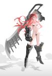  1girl armored_boots boots breasts commission crotch_plate floating full_body gauntlets high_heels highres holding holding_sword holding_weapon huge_weapon long_hair original over_shoulder red_eyes red_hair revealing_clothes shadow shiny_skin small_breasts solo sword tsuki-shigure weapon weapon_over_shoulder white_background 