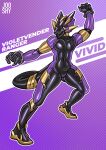  2021 action_pose ailurid anthro bodysuit clawed_fingers claws clothing english_text gold_(metal) hi_res jooshy latex latex_clothing male mammal mask name_in_background pose power_rangers purple_latex purple_rubber red_panda rubber rubber_clothing rubber_suit sentai_inspired shiny_(disambiguation) skinsuit solo superhero text tight_clothing vivid_(character) 