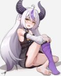  1girl absurdres ahoge anus barefoot blush boppin braid braided_bangs breasts cameltoe cleft_of_venus demon_girl demon_horns detached_sleeves dress grey_dress grey_hair hair_between_eyes highres hololive horns la+_darknesss la+_darknesss_(1st_costume) long_hair looking_at_viewer multicolored_hair open_mouth pointy_ears purple_hair pussy sleeveless sleeveless_dress solo streaked_hair striped_horns virtual_youtuber yellow_eyes 