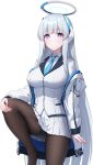  1girl absurdres black_pantyhose blue_archive blue_necktie breasts halo headgear highres jacket long_hair looking_at_viewer mechanical_halo medium_breasts necktie noa_(blue_archive) pantyhose purple_eyes skirt solo topgear very_long_hair white_hair white_jacket white_skirt 