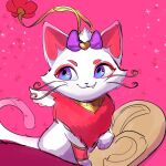  animal animal_focus bow cat flower hair_bow heartseeker_yuumi highres league_of_legends no_humans pink_background pink_bow pink_eyes red_flower sitting wosashimi yuumi_(league_of_legends) 