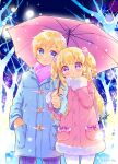  1boy 1girl bare_tree blonde_hair blue_background blue_coat blue_eyes blush brother_and_sister closed_mouth coat commentary_request cowboy_shot fur-trimmed_coat fur_trim hand_up holding holding_umbrella idol_time_pripara long_hair long_sleeves looking_at_another looking_at_viewer outdoors pink_coat pink_scarf pink_umbrella pretty_series pripara purple_eyes ringlets scarf shared_umbrella short_hair siblings snowflakes snowing standing touyama_soboro tree two_side_up umbrella winter winter_clothes winter_coat yumekawa_shogo yumekawa_yui 