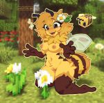 4_fingers accessory antennae_(anatomy) anthro anthrofied arthropod arthropod_abdomen bee_(minecraft) breasts female fingers flower flower_in_hair fluffy genitals hair hair_accessory happy hi_res insect microsoft minecraft mojang navel neck_tuft nipples nude open_mouth plant pussy solo tuft videogame_setting waspsalad wings xbox_game_studios 