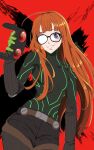  1girl absurdres ahoge black_bodysuit blunt_bangs bodysuit breasts covered_navel glasses goggles goggles_removed grin highres holding holding_goggles long_hair looking_at_viewer orange_hair persona persona_5 purple_eyes red_background sakura_futaba small_breasts smile solo teeth umenituru very_long_hair 
