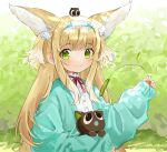  1girl alternate_color animal animal_ear_fluff animal_ears arknights black_cat blonde_hair blue_cardigan blue_hairband blush cardigan cat cattail closed_mouth commentary creature_on_head crossover english_commentary fox_ears fox_girl frilled_hairband frills green_eyes hair_ornament hair_scrunchie hairband heixiu highres holding holding_animal holding_cat holding_plant long_sleeves looking_at_viewer luo_xiaohei luo_xiaohei_zhanji neck_ribbon official_alternate_costume open_cardigan open_clothes pencilanon plant puffy_long_sleeves puffy_sleeves red_ribbon ribbon scrunchie shirt sleeves_past_wrists smile solo suzuran_(arknights) suzuran_(spring_praise)_(arknights) white_shirt 