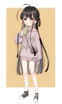  1girl absurdres black_hair child cup drinking drinking_straw full_body highres holding holding_cup looking_at_viewer meito_(maze) original pink_sweater red_eyes solo standing sweater 