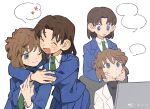  2girls aged_up blue_eyes brown_hair female_child haibara_ai hair_between_eyes hands_on_another&#039;s_cheeks hands_on_another&#039;s_face happy hug hug_from_behind lab_coat meitantei_conan minamip multiple_girls necktie school_uniform short_hair smile sweatdrop upper_body wide-eyed yoshida_ayumi 