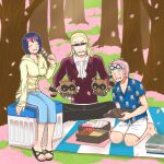  1girl 2boys animal blonde_hair blue_hair blush closed_eyes coby_(one_piece) dango food full_body glasses helmeppo highres long_hair multiple_boys one_piece open_mouth picnic pink_hair raccoon short_hair smile sunglasses tashigi wagashi yone_yoneda 